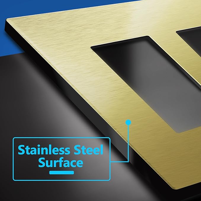 LIDER Double Decorator Metal Wall Plate, Temperature and Impact Resistant, 201 Stainless Steel, Screwless Cover, Modern Upgrade, Mid-Size 2-Gang 4.88” x 4.92”, Brushed Brass, LSMWP-32M-BB