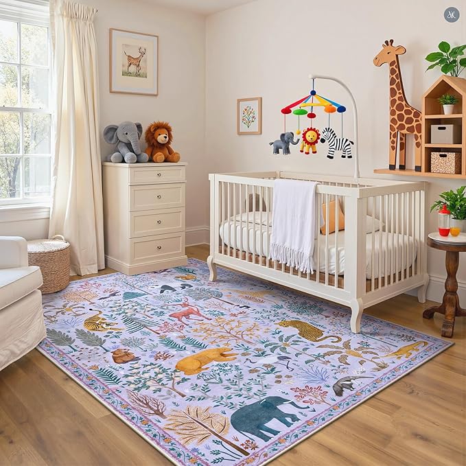 OJIA Animal Print Nursery Rugs Washable Area Rugs 5'x7', Soft Kids Room Rug Ultra-Thin Non-Slip Modern Living Room Carpet, Stain Resistant Throw Carpet for Bedroom Playroom Dining Room