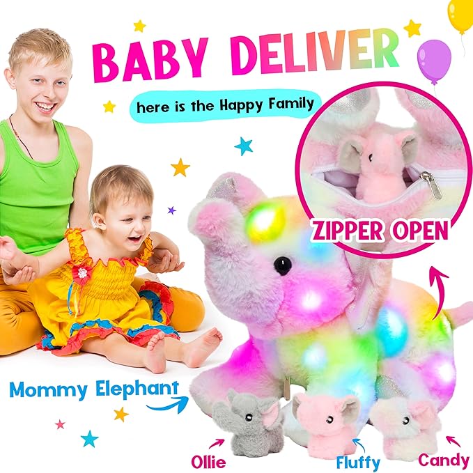Hopearl LED Musical Stuffed Colorful Elephant Light up Singing Plush Toy Playset Mommy Elephant with 3 Baby Elephish in her Tummy Adjustable Volume Lullaby Animated Soothe Gifts for Kids, 18''