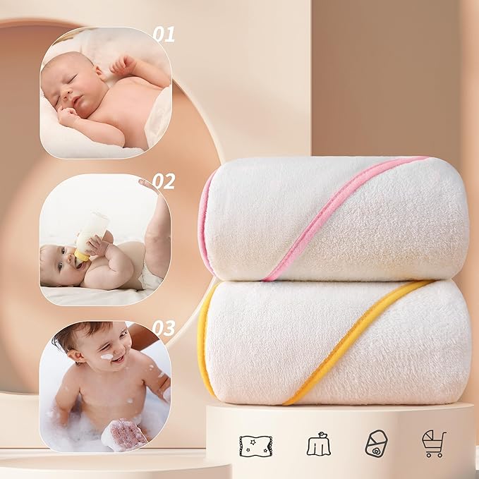 POLYTE Premium Hypoallergenic Microfiber Hooded Baby Bath Towel, 36 x 36 in, 2 Pack (White w/Yellow,Pink Trim)