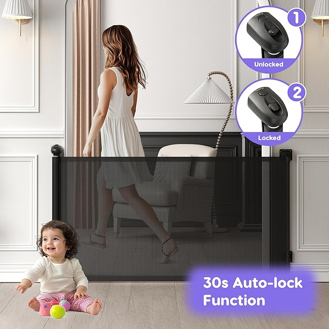 Retractable Baby Gate, Baby Gate for Stairs Auto-Lock, Dog Gates for Doorways Safety, Extends to 34.5x55in, Black