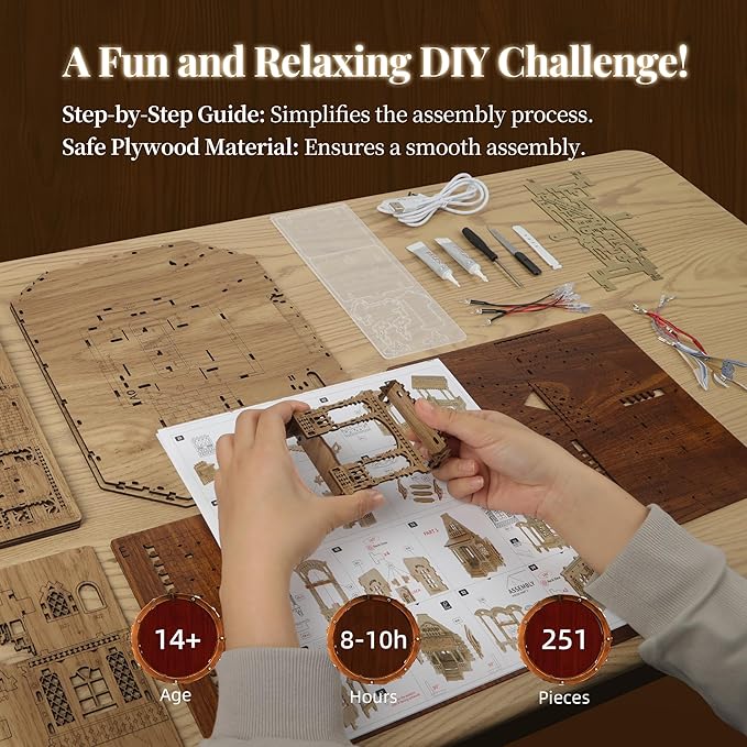 LED 3D Wood Puzzle Countryside Cottage Model - DIY Miniature Building Kit with Spark LED Lights - 3D Craft Rural Architecture Home Décor Gift for Adults