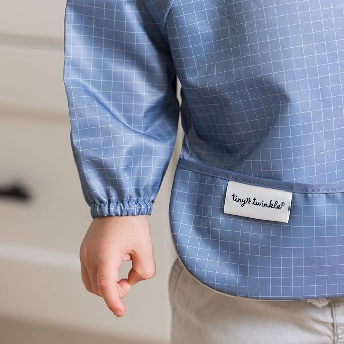 Tiny Twinkle Long Sleeve Bibs for Babies & Toddlers – 2 Pack Waterproof Smock Bibs for Eating – Machine Washable & Mess-Proof, Baby Feeding Essential & Shower Must-Have (Gingham Grid, 6-24M)