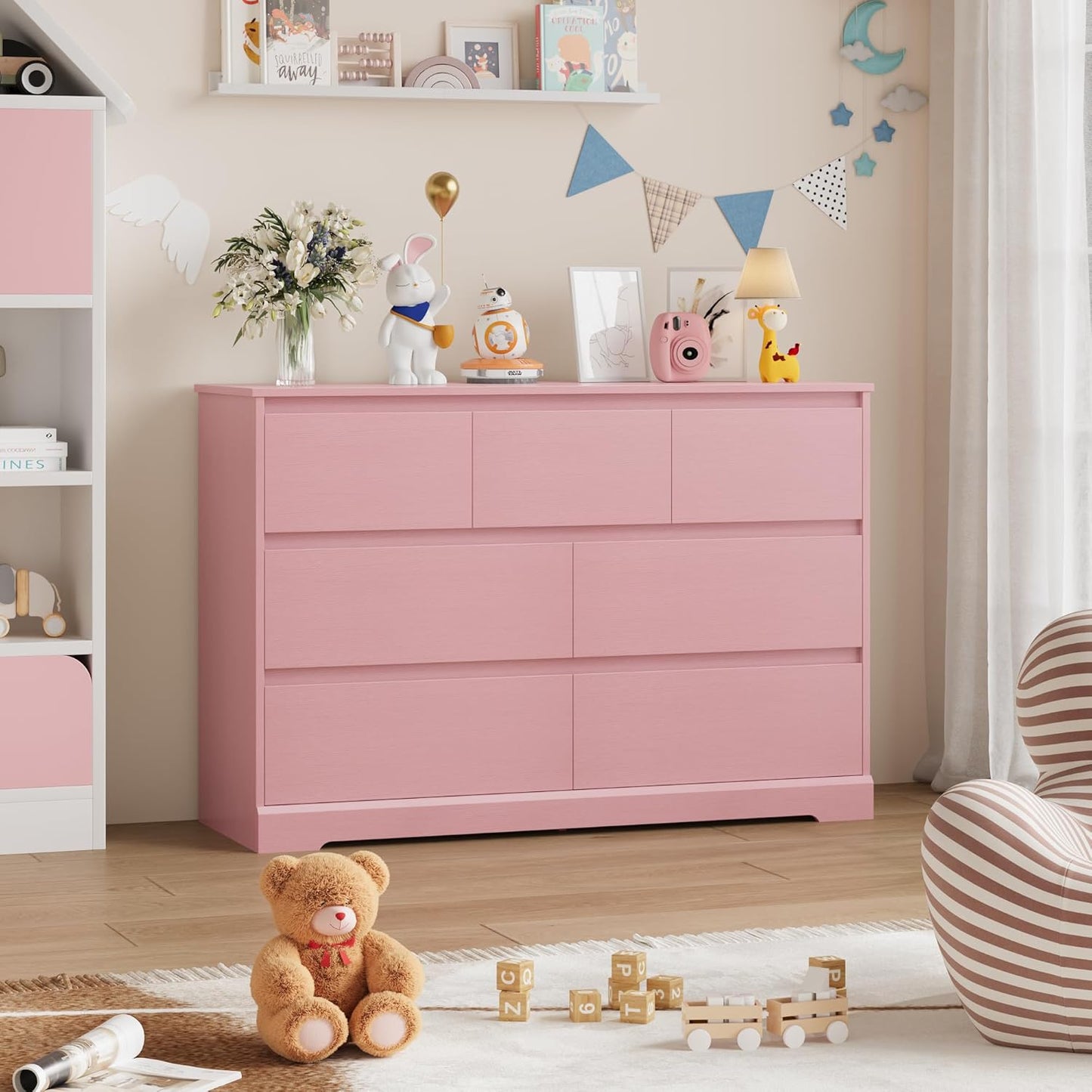 Dresser for Bedroom, Modern Pink Dresser, Wood Chest of Drawers Nursery Dressers, with Storage, 7 Drawer Double with Handle Free, Large Storage Organizer for Living Room,Pink