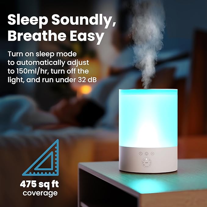 Everlasting Comfort 2.5L Top Fill Humidifiers for Bedroom - Quiet Easy to Fill & Clean, 24HR Runtime, Night Lights, Timer, Ultrasonic Cool Mist Humidifier, Auto Shut-Off, Essential Oil Diffuser