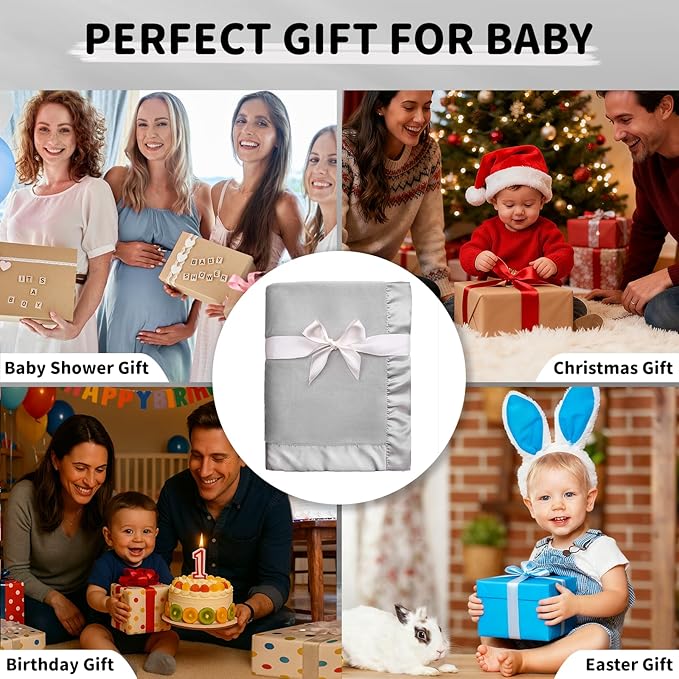 Pro Goleem Fleece Baby Blanket with 2 Inch Satin Trim Soft Plush Blanket for Boys and Girls for Babies Grey，30''x40''