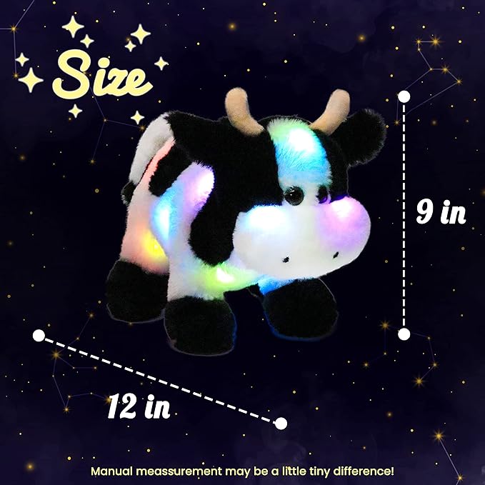 Hopearl LED Plush Cow Lighting Up Stuffed Animal Diary Cattle Floppy Night Lights Glow in The Dark Birthday Festival for Kids Toddler Girls, 12''