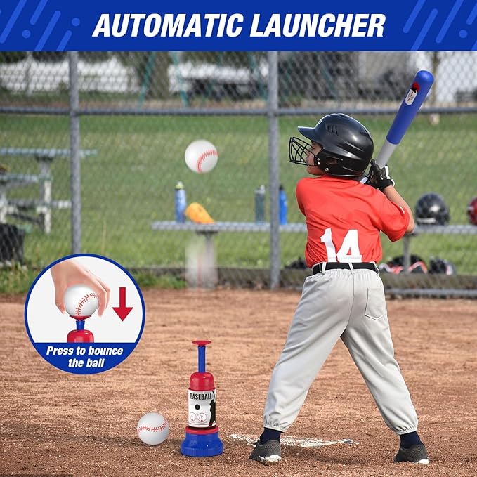 3-in-1 Baseball Set for Kids 3-5 - Tee Ball Stand, Hanging Tee, Ball Launcher and 6 Softballs - Adjustable Height, Indoor/Outdoor Sport Gifts for Boys Girls, Blue