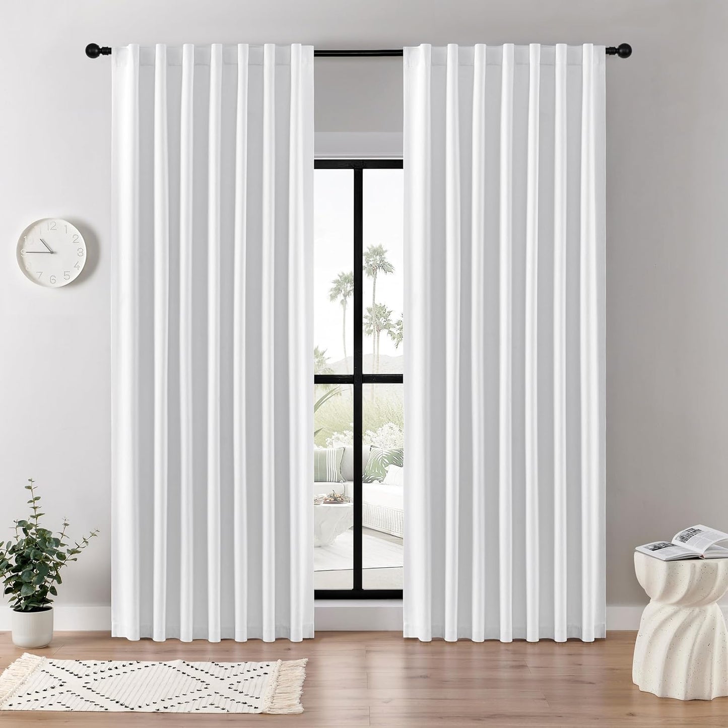Joydeco Faux Linen Blackout Curtains for Bedroom,White Blackout Curtains 90 inches Long,100% Blackout Solid Thermal Insulated Window Drapes Luxury Decor for Living Room（W52xL90 Inch,White）