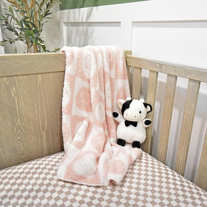 Checkered Smiley Face Baby Blanket 28"x40" - DreamSoft Knit Throw for Crib, Stroller or Car Seat - Receiving Blanket/Newborn Nursery Gift Essential for Toddler, Infant, Kids, Boys & Girls (Pink/White)