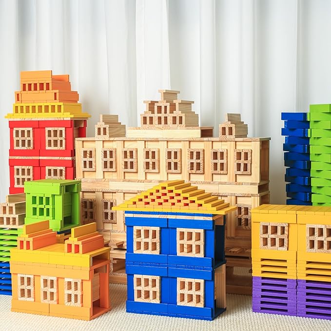 300pcs Open Ended Wooden Building Blocks for Kids 6.6lb, Solid Rectangular Wood Construction Toys for Toddlers, STEM Building Set,Birthday Gift for Kids Ages 3-8 Small 4.7" - Pine Rainbow