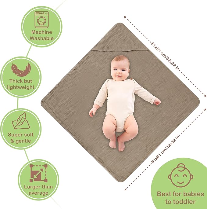 Organic Cotton Muslin Baby Hooded Towels - 32x32 Inch, 2 Pack Newborn Bath Towels for Boys & Girls, Soft & Absorbent Bath Set (Olive/Ivory)