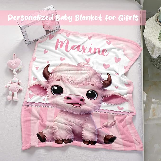 Personalized Baby Blanket for Girls, Custom Baby Blanket with Name, Soft Cozy Personalized Name Blankets for Kids, Customized Cow Blanket for Infant Toddler Birthday Christmas