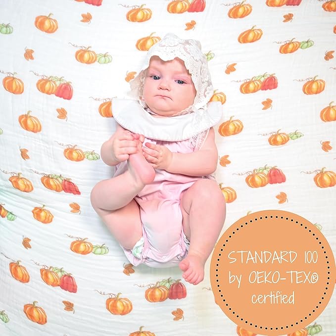 LollyBanks Baby Blanket, 100% Cotton Muslin Swaddle Blankets for Boys and Girls, Large 47 x 47 Inches Newborn Blanket, Soft and Breathable Baby Swaddle, Newborn Essentials, Registry (Pumpkin Print)