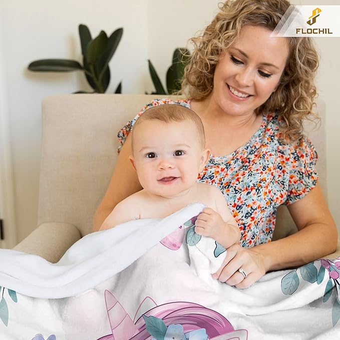 FLOCHIL Personalized Baby Blanket for Girls, Custom Baby Blanket with Name, Customized Baby Products, Gift for Baby, Newborn, Baby Shower (Unicorn)