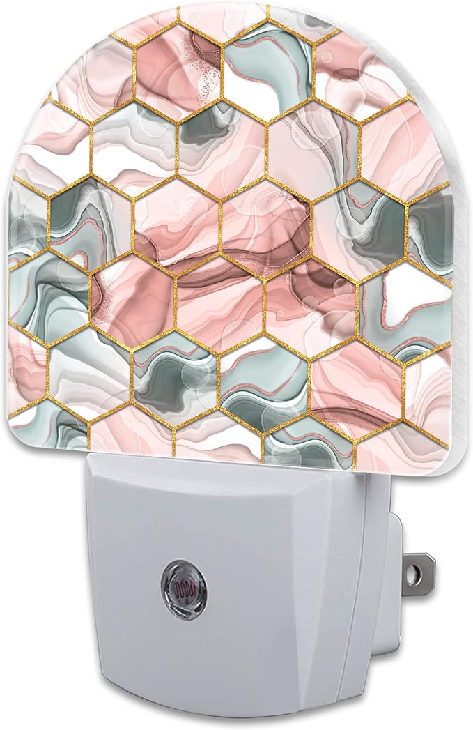 Red Gray Hexagon Marble Night Light Plug into Wall, Abstract Gold Liquid Marble Dusk to Dawn Night Light Plug in,0.5w Energy Saving Sleep Friendly NightLight for Kids Boys Girls Home Decor