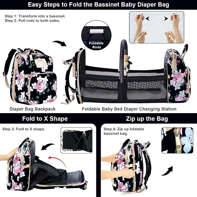 Diaper Bag Backpack Waterproof Baby Bag Large Capacity Multifunction Nappy Bags Floral Insulated Durable Travel Maternity Back Pack with Changing Station for Baby （Black）