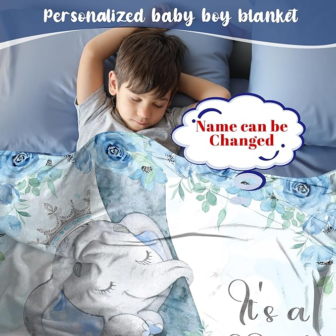 J&SBGFT Personalized Baby Blanket for Boys - Custom Name Receiving Blanket for Toddlers, Kids Nursery, Stroller, Crib Decor Throw - Elephant It's a Boy