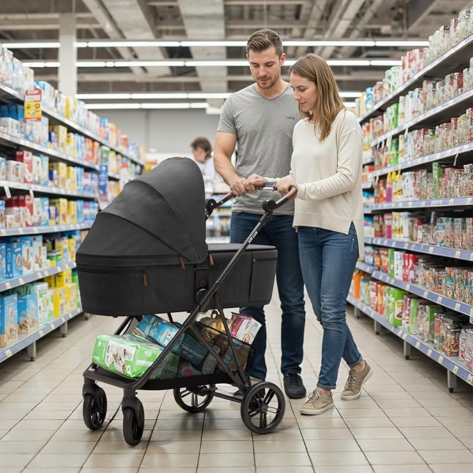 MAMAZING Air Lux Baby Stroller with Bassinet & Infant Car Seat Adapter, Lightweight Compact Carbon Fiber Frame, One-Hand Fold, Reversible Seat, Space-Saving Storage