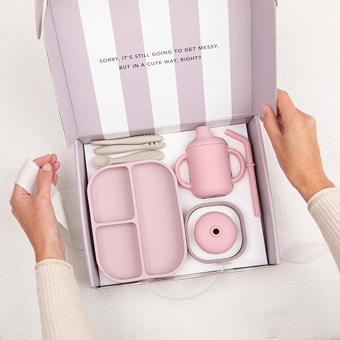 Bella Tunno Little Bites Bundle Baby Feeding Set with 1 Bowl, 1 Plate, 3 Utensils, 1 Cup, 2 Lids; Baby Led Weaning Supplies; 100% Food-Grade Silicone (Magic Meadow)