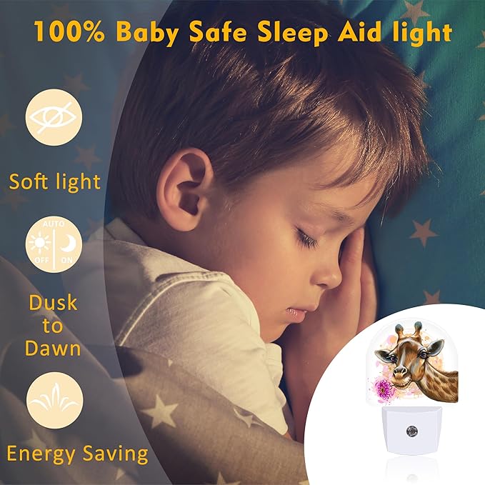 Cute Giraffe Bite A Flower Night Light, Watercolor Wild Animal Floral Dusk to Dawn Night Light Plug in,0.5w Energy Saving Sleep Friendly NightLight for Kids Boys Girls Home Decor