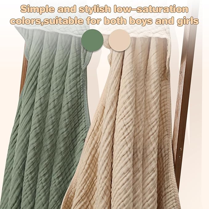 MUKIN Baby Hooded Towels, Muslin Cotton, 2-Pack, for Newborn, Infant, Toddler and Kids (Dark Green,Khaki)