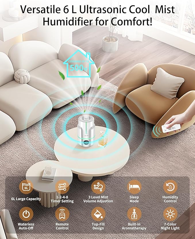 6L Humidifiers for Bedroom, 60H Runtime 26 dB Quiet Supersized Cool Mist Air Humidifiers for Large Room, Baby Nursery, Plant, Indoor, Night Light, Easy to Clean, Precise Humidity Control