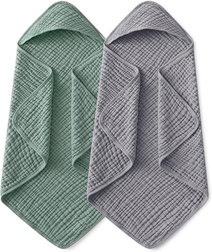 Yoofoss Hooded Baby Towels for Newborn 2 Pack 100% Muslin Organic Cotton Baby Bath Towel with Hood for Babies, Infant, Toddler and Kids,37.5“x37.5“,Soft and Absorbent Newborn Essential,Grey&Dark Green