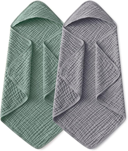 Yoofoss Hooded Baby Towels for Newborn 2 Pack 100% Muslin Organic Cotton Baby Bath Towel with Hood for Babies, Infant, Toddler and Kids,37.5“x37.5“,Soft and Absorbent Newborn Essential,Grey&Dark Green