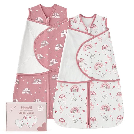 Baby Swaddle Sleep Sack 3-6 Months, Swaddles for Newborns Girl, 3-Way Adjustable Infant Swaddle Wearable Blanket with Zipper & Detachable Wrap, 2 Pack Soft Snug Pink Rainbow