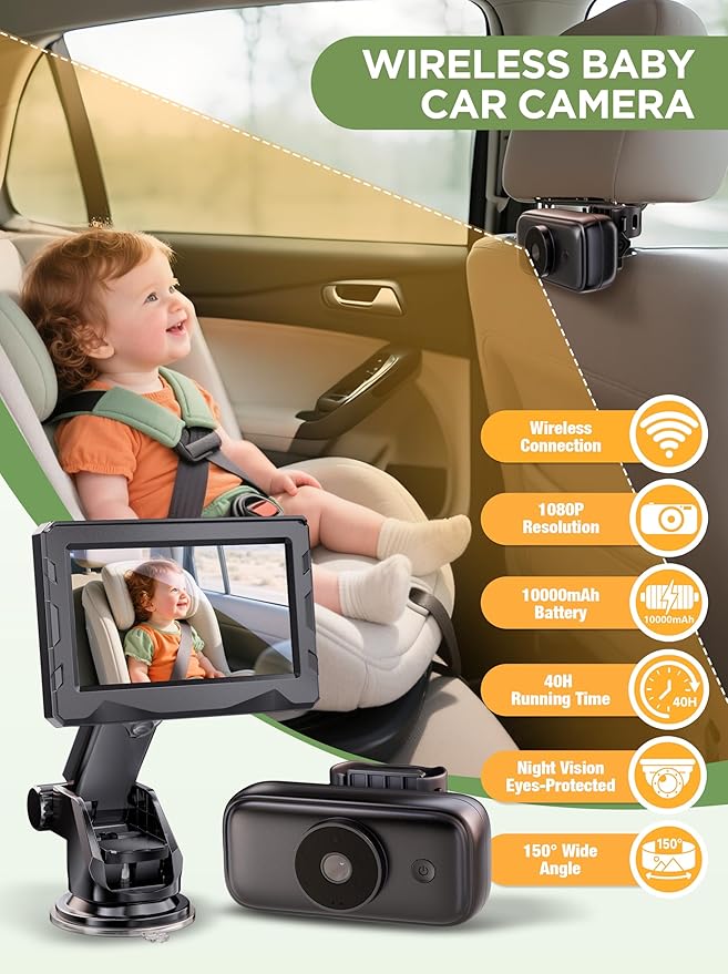 Wireless Baby car Camera - 40 Hours Battery Life& 940mn Night Vision, 4.3'' HD Car Baby Monitor - 1080P Video & 360° Adjustable, Rear Facing Back Seat Camera - Essentials for Newborn Families