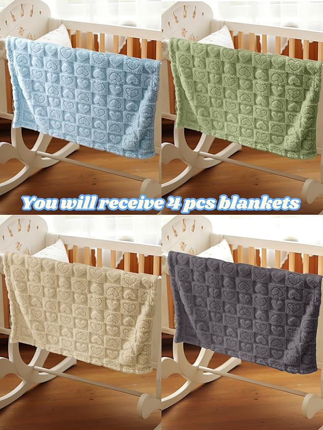 4 Pcs Baby Blankets for Boys Soft Toddler Small Blanket for Daycare, Fleece Kid Mini Blanket for Crib Baby Shower, 30 X 40, Blue Green White Grey