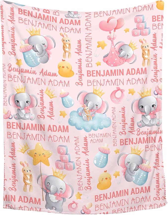 Personalized Baby Blanket for Girls Boys Elephant Custom Baby Blanket with Name Swaddle Blanket for Toddlers Infants Kids Shower Newborns Nursery Stroller Crib Decor Throw Birthday Gift