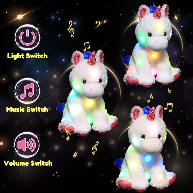 Hopearl LED Musical Stuffed Unicorn Light up Singing Plush Toy Adjustable Volume Lullaby Animated Soothe Birthday Festival for Kids Toddler Girls, White, 13''