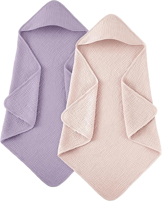 Susurration Hooded Baby Towels for Newborn 2 Pack 100% Muslin Cotton Towel for Babies，Highly Absorbent and Newborn Essential 30x30 Inch Pink&Purple