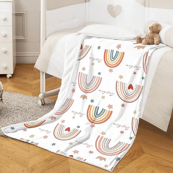 Custom Boho Rainbow Blanket with Name, Personalized Nursery Receiving Blankets for Baby Girls, Customized Newborn, Christmas Birthday Gifts for Girls
