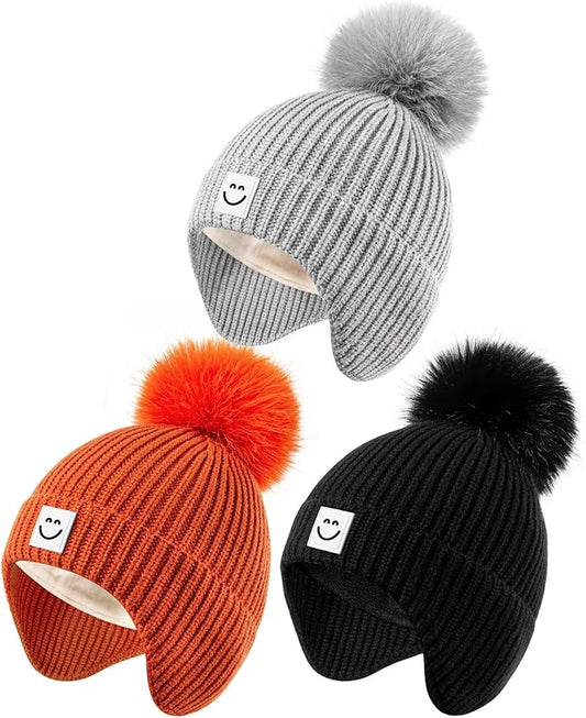 3 Pack Baby Winter Hats with Earflaps, 2 Size Kids Pom Pom Beanie for Infant Toddler Children, Smiley Face Hat for Girls Boys