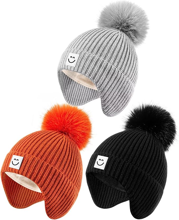 3 Pack Baby Winter Hats with Earflaps, 2 Size Kids Pom Pom Beanie for Infant Toddler Children, Smiley Face Hat for Girls Boys