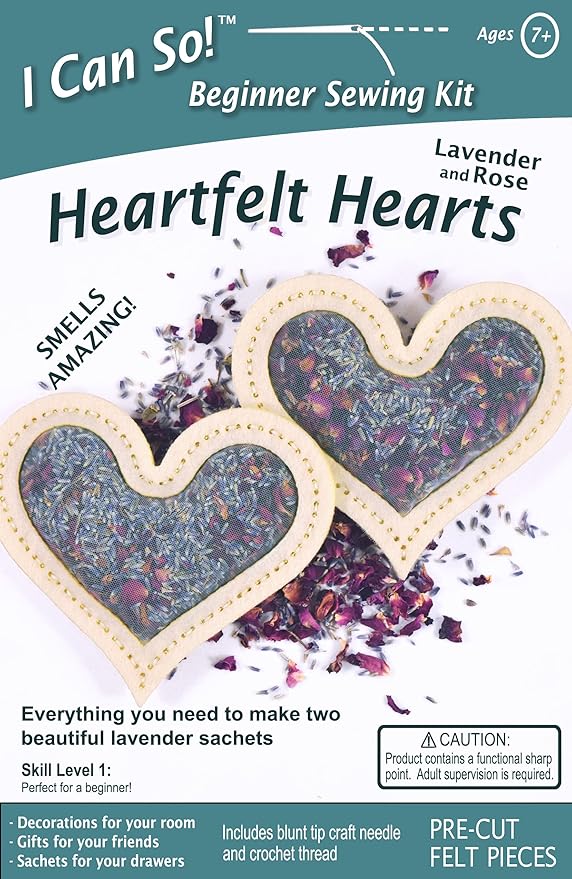 I Can So! Beginner Sewing Kit. Heartfelt Hearts. Lavender Sachet. (Lavender and Rose)