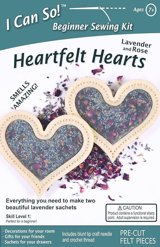 I Can So! Beginner Sewing Kit. Heartfelt Hearts. Lavender Sachet. (Lavender and Rose)