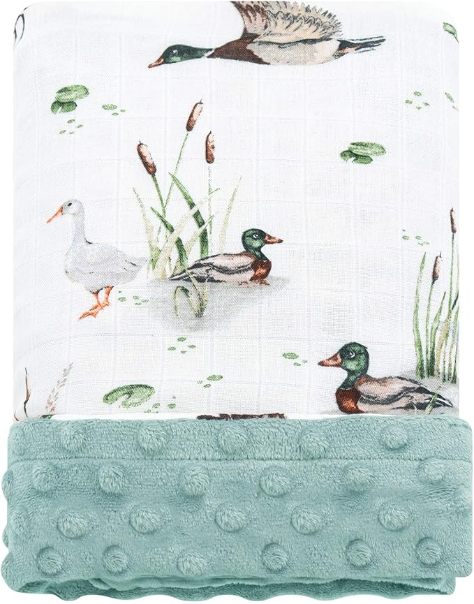 LifeTree Baby Blankets for Newborn, Soft & Lightweight Swaddle Blankets, Muslin Front and Dotted Fleece Backing Receiving Bed Blanket, 31X40 Inches, Baby Girl & Boy Blanket, Duck and Green