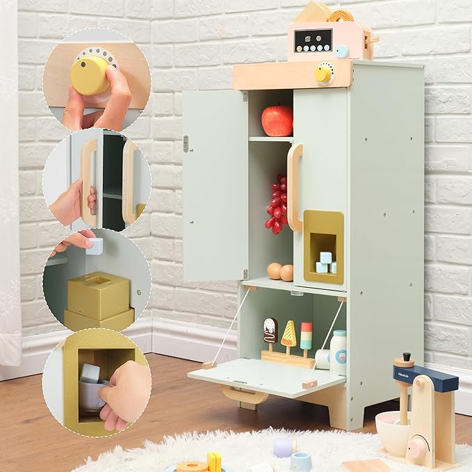 Wooden Play Refrigerator with Ice Maker – Mint Green Kids Fridge Toy, 4 Wooden Ice Cubes & Cup, Quiet Click Handle, Montessori Pretend Play for Toddlers 3+