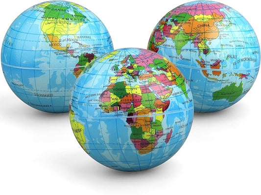 Mini Earth Soft Squishy Ball 3 Pack - 3.7 Inch Foam Globe Stress Balls for Boys Girls- Educational Geography Squishies Toys- Squeeze Sensory Learning Toy World Map for Kids Adults