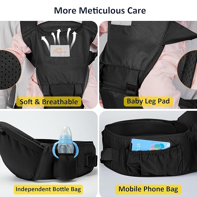 Baby Carrier with Hip Seat, 6-in-1 Baby Carrier Newborn to Toddler, Detachable Hands-Free Infant Carrier, One Size Fits All, All Seasons, Black