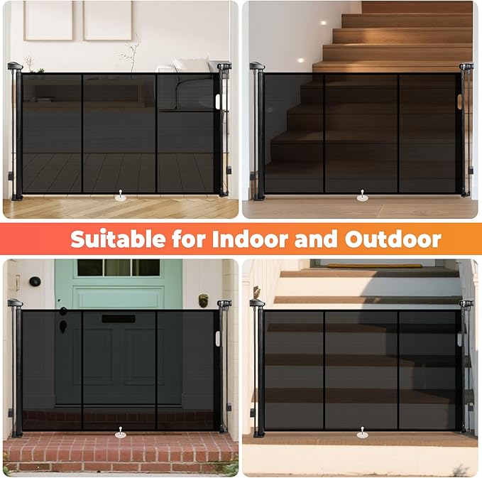 Retractable Baby Gates for Stairs, 55" Wide Retractable Dog Gate Pet Gate, 34" Extra Tall Child Safety Gate Toddler Mesh Gate with Support Rods for Doorways, Hallways, Deck, Porch, Indoor, Outdoor