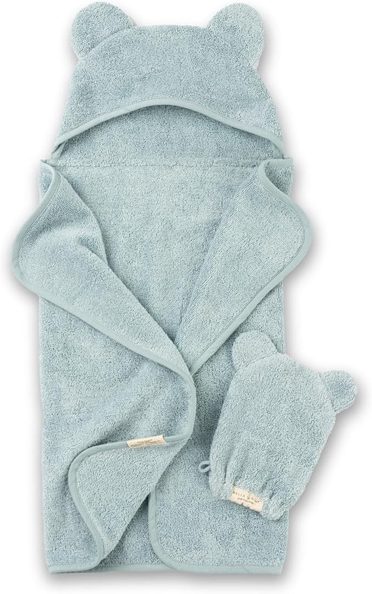 Bella Tunno Baby Bath Towel and Wash Mitt Set – Soft Absorbent Hooded Towels and Mitt-Style Baby Washcloths, Oeko-TEX Certified (Fog)
