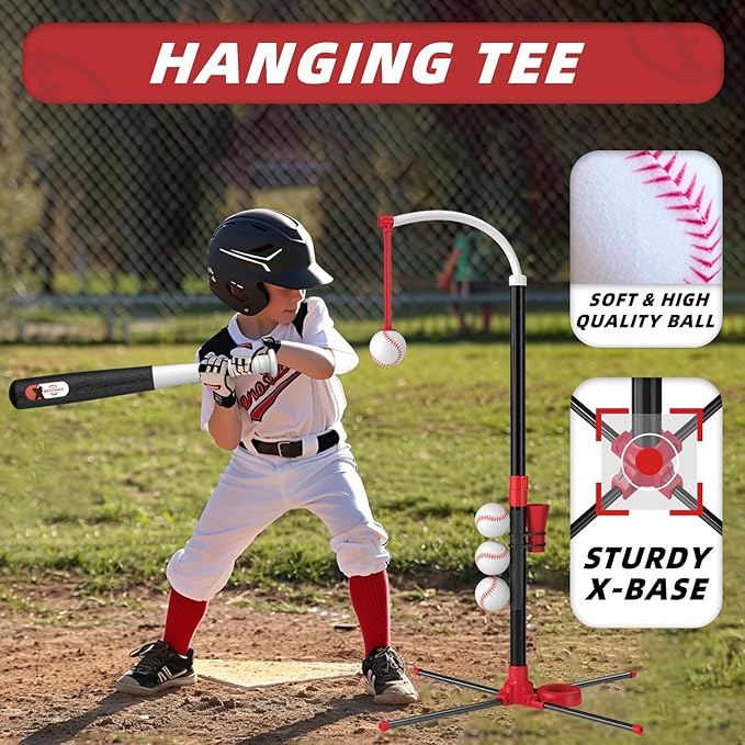 4 in 1 T-Ball Sets for Kids 3-5 with Toss and Catch Ball, Toddler Baseball with Auto Pitching Machine/6 Balls, Outdoor Sport Toys Gifts for Boys Girls