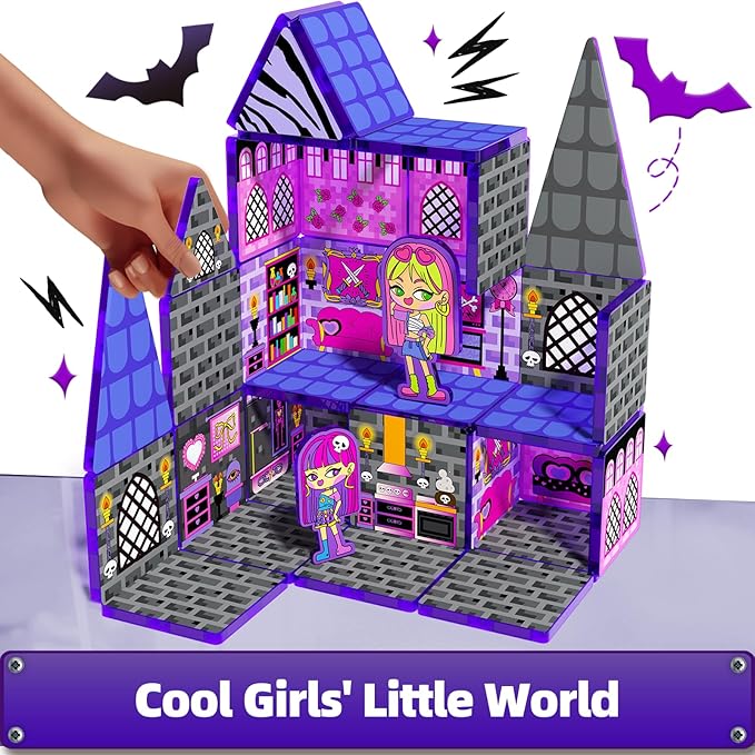 GobiDex Magnetic Tiles Doll House Building Toys, Monster Magnetic Blocks for Kids Ages 3-8,STEM Magnet Toys Birthday for 3+ Year Girls,Haunted Castle Playset