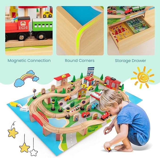 GLACER 84-Piece Train Table, Large Multipurpose Wooden Toy Activity Table Playset with Reversible Detachable Tabletop, Railway Tracks, Trains, Cars, DIY Design, Gift for Boys Girls Ages 3+