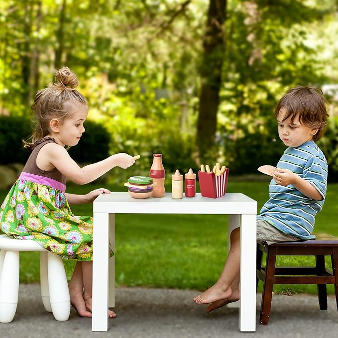 Wooden Play Food for Kids Pretend Hamburger Set Fast Food Toy Play Kitchen Accessories for Toddlers Toy Food Gift for Boys Girls Educational Toys